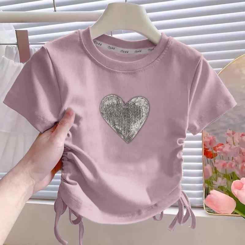 Tシャツ キッズ 女の子 半袖 トップス 綿100％ 抽绳 カジュアル 子供服 夏用 カットソー・カテゴリ: キッズTシャツ・対象性別: 女児・スタイル: カジュアル・袖丈: 半袖・対象年齢: 8歳以上・面料工艺: 蛍光、ソフト加工・装飾: プリント・素材: 綿100%・安全基準: C類・ネックライン: クルーネック・機能: 吸湿速乾・カラー展開: 浅紫色【ハートライン】, 杏色【ハートライン】, ブラック【ハートライン】・サイズ展開: 120, 130, 140, 150, 160, 170