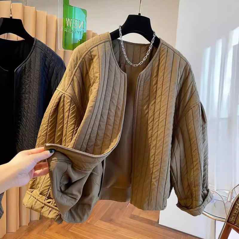 ジャケット レディース 秋冬 レトロ デザイン感 ストライプ 中綿コート 軽量 ゆったり クルーネック カジュアル