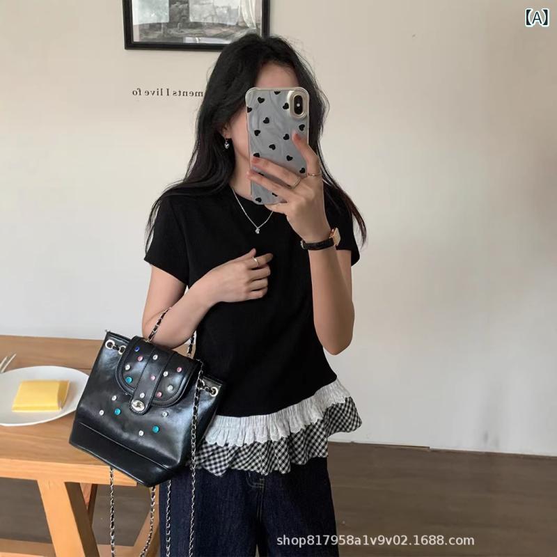 Tシャツ レディース 春夏 黒 フリル 切り替え 半袖 クルーネック レイヤード風 カットソー トップス 上品 エレガント デザイン性 通勤 カジュアル 普段使い コットン素材 伸縮性 軽量 シンプル きれいめ・カテゴリ: Tシャツ・スタイル: 日韓カジュアル・主な素材: 綿100%以上・ネックライン: クルーネック・袖丈: 半袖・袖型: スタンダード・カラー展開: ブラック・サイズ展開: S,M,L,XL