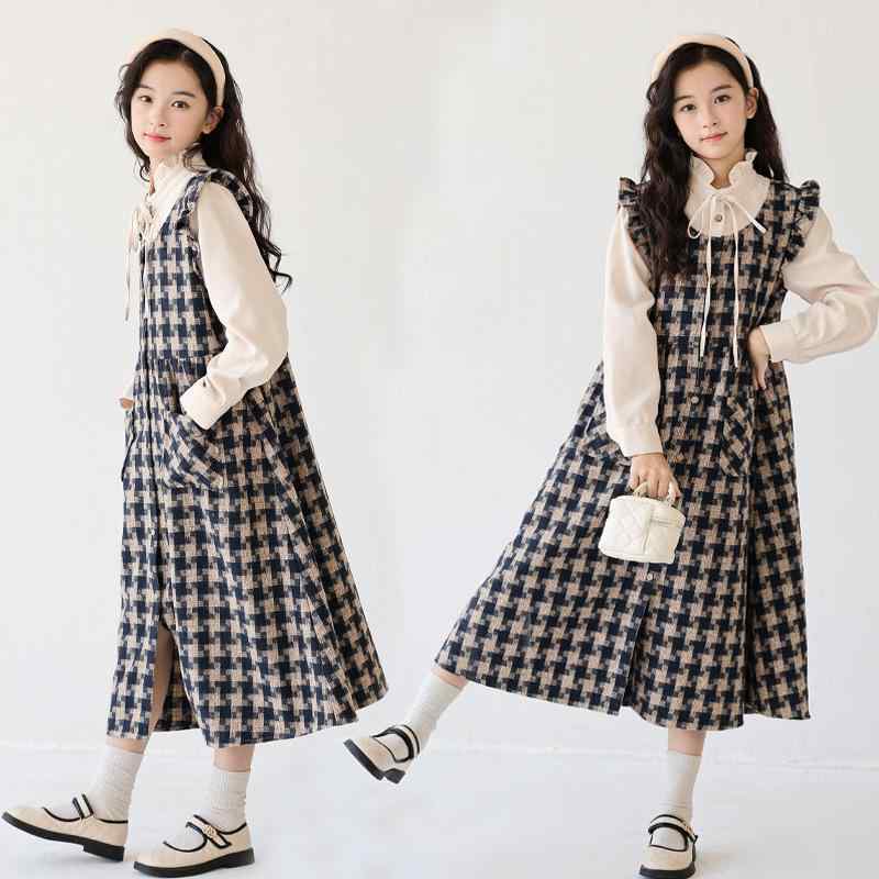 ワンピース キッズ 女の子 秋冬 スタンドカラー チェック柄 バイカラー プリンセス風 ジュニア 子供服 ガーリー かわいい お出かけ 普段着 長袖 膝丈 フレアシルエット 上品 カジュアル 通学 発表会 入学式 卒園式 デイリーコーデ