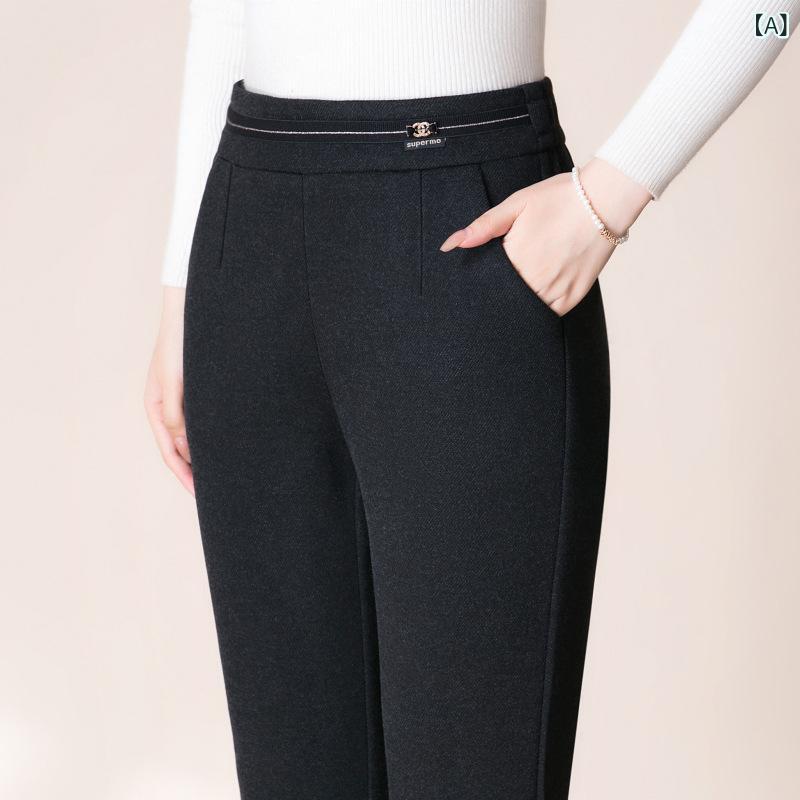 パンツ レディース ラッパパンツ 毛ね センタープレス ハイウエスト 美脚 脚長 通勤 仕事用 オフィス フォーマル 厚手 秋冬 防寒 保温 伸縮性 ストレッチ ロング丈 フレアパンツ パンツ 無地 おしゃれ シンプル shadowtail-11195065 シャドーテール サンプル画像2
