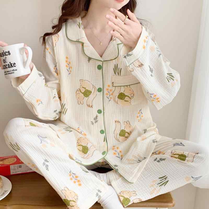 パジャマ レディース マタニティ 産後 授乳服 ルームウェア 部屋着 セットアップ 授乳用 前開き 綿 ガーゼ 薄手 春夏 通気性 快適 長袖 長ズボン 上下セット リラックス 吸湿性 肌に優しい 柔らかい