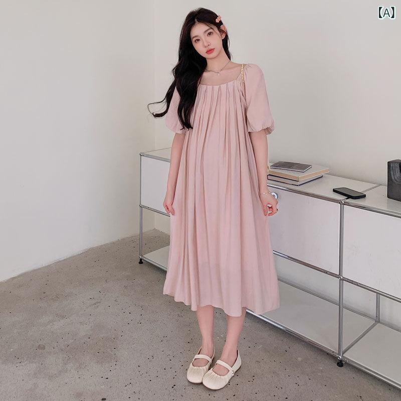 ワンピース レディース 妊婦用 マタニティ 韓国風 褶皺 スクエアネック リボン付き...