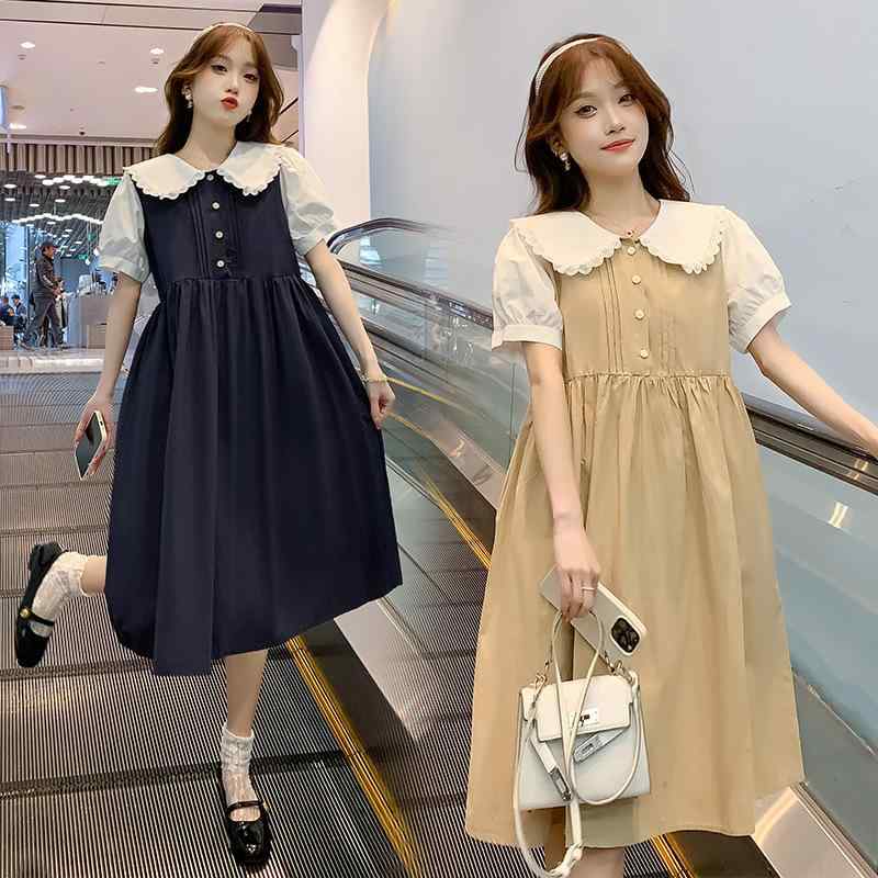 マタニティワンピース レディース 夏服 半袖 授乳服 娃娃襟 配色 切り替え カジュアル かわいい フェミニン 普段使い 通気性 柔らかい 妊婦服 産前産後 ゆったり 体型カバー Aライン 膝丈