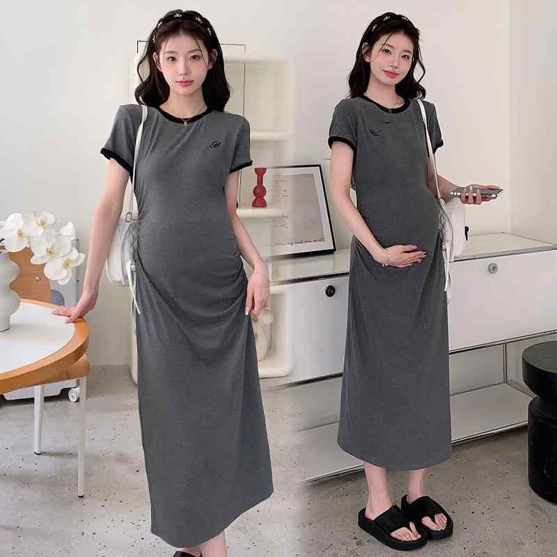 ワンピース マタニティ レディース ロング丈 フレンチスタイル 刺繍 ニット ストレッチ 綿 伸縮性 妊婦服 おしゃれ カジュアル ママ 服 春夏