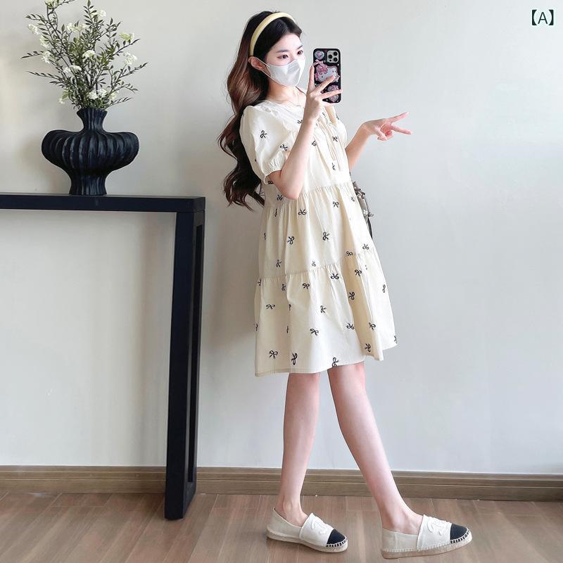 ワンピース マタニティ レディース 刺繍 Aライン 膝丈 ゆるっと 妊婦服 ゆったり ...