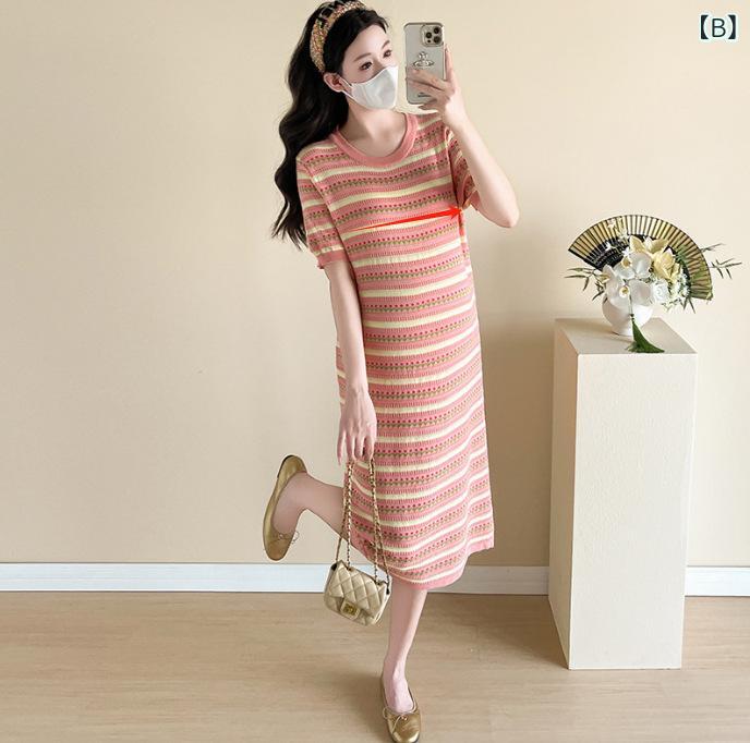 妊婦服 マタニティワンピース レディース 夏服 ニット ジャガード ストライプ 授乳...