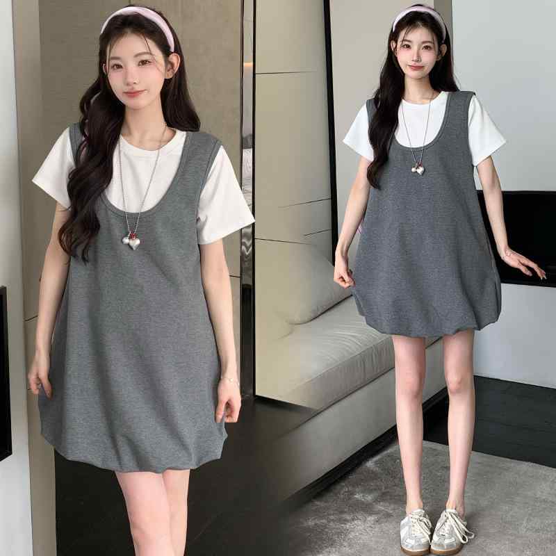ワンピース マタニティ 春夏 偽レイヤード ゆるシルエット 小柄さん向け 上品 きれいめ フェミニン 妊婦服 膝丈