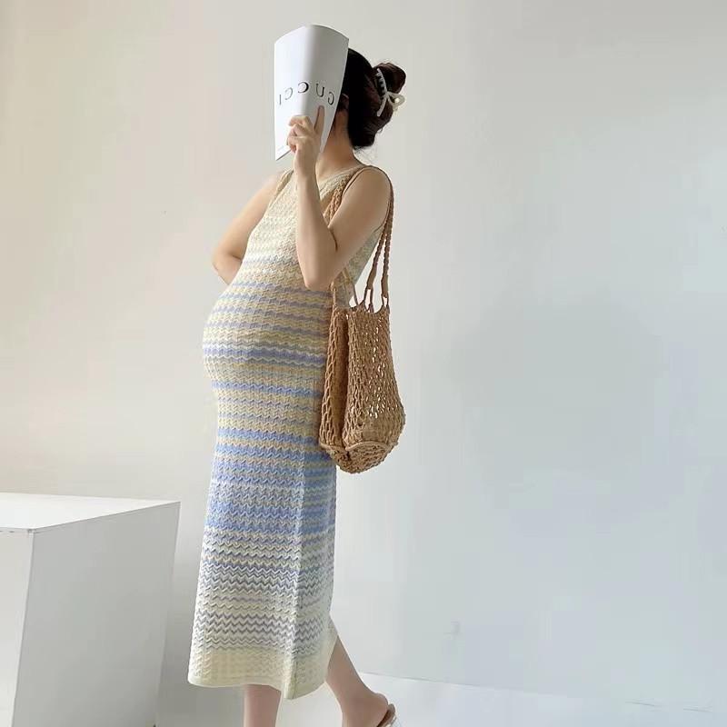 ワンピース マタニティ レディース 妊婦服 高級感 漸進的 ストライプ柄 織り ニッ...