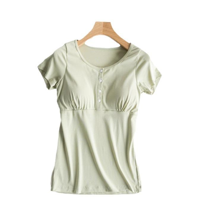 授乳服 レディース トップス 半袖 カットソー Tシャツ マタニティ 産後 部屋着 ルームウェア パジャマ カップ付き 薄手 接触冷感 柔らかい モダール混 綿 コットン 無地 シンプル ゆったり 快適 オールシーズン