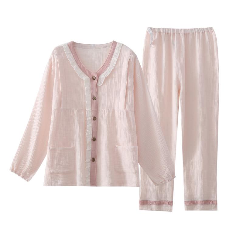マタニティウェア 授乳服 レディース 部屋着 パジャマ 上下セット 二重ガーゼ 春夏 吸汗 通気性 産後 授乳口付き ルームウェア セットアップ 妊婦服 コットン 快適 軽量・素材: 綿100%（二重ガーゼ）・スタイル: セットアップ・ネックライン: Vネック・袖丈: 長袖・ボトムス丈: ロングパンツ・カラー展開: 円領花辺-ピンク、円領花辺-ブルー、円領花辺-レース小蘭花、円領-花束ライトグリーン、円領-花束ライトピンク、円領-ライトパープル子猫、ライトパープル子猫（M:155-165cm 65kg以下、L:165-175cm 65-77.5kg）、浅V-ハム花-ピンク、浅V-ハム花-ブルー、浅V花辺-ピンクアイスクリーム、浅V花辺-オフホワイトアイスクリーム、サイドオープン-オフホワイト風車菊、サイドオープン-ホワイト百合、サイドオープン-小茶果、サイドオープン-雨舞・サイズ展開: M,L,XL・テイスト: スイート・キュート・袖の仕様: ドロップショルダー・対象性別: 女性・生地の厚さ: 中厚（161-180g/平方メートル）
