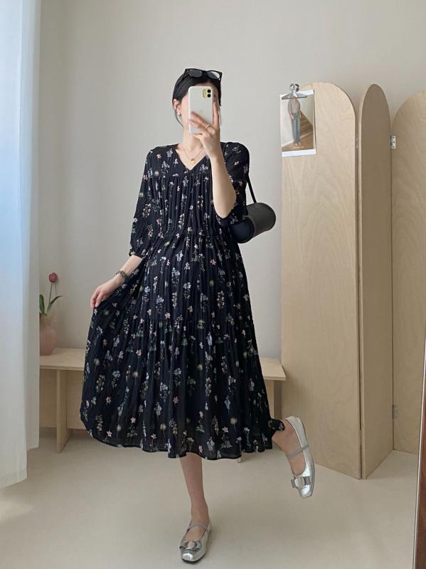 ワンピース レディース 妊婦 マタニティ レトロ フレンチスタイル 花柄 Vネック シフォン 半袖 痩せ見え フェミニン カジュアル