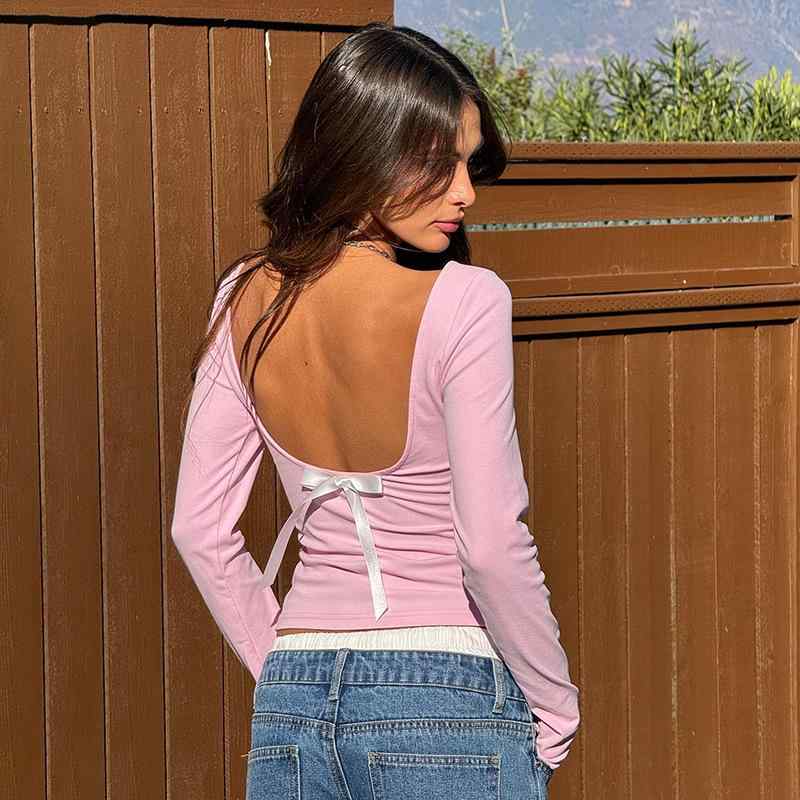 Tシャツ レディース 長袖 ピンク レトロ セクシー バックオープン 蝶々結び ショート丈 無地 インナー トップス かわいい 春夏