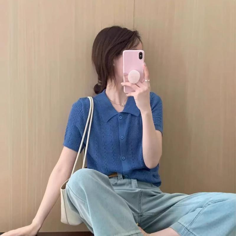 Tシャツ レディース 半袖 ポロネック ニット 接触 透かし編み ショート丈 トップス カジュアル 無地