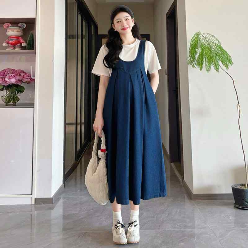 ワンピース 妊婦用 レディース デニム 春夏 韓国風 ゆったり 大きいサイズ 細見え 体型カバー カジュアル 普段使い お出かけ・襟元: ファー付き・袖丈: 五分袖・素材: シェニール・主な素材: 綿・混率: 綿30%以下・スカート丈: ミニ丈・カラー: ホワイト（Tシャツ）, デニムスカート・サイズ: M, L, XL, 2XL・スカートシルエット: マーメイドスカート・スタイル: 日韓風カジュアル・袖の形状: 牛角袖