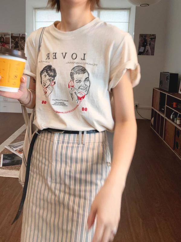 セットアップ レディース トップス 半袖 Tシャツ スカート ボトムス 2点セット 韓国系 シンプル カートゥーン ストライプ柄 レトロ風 オールシーズン