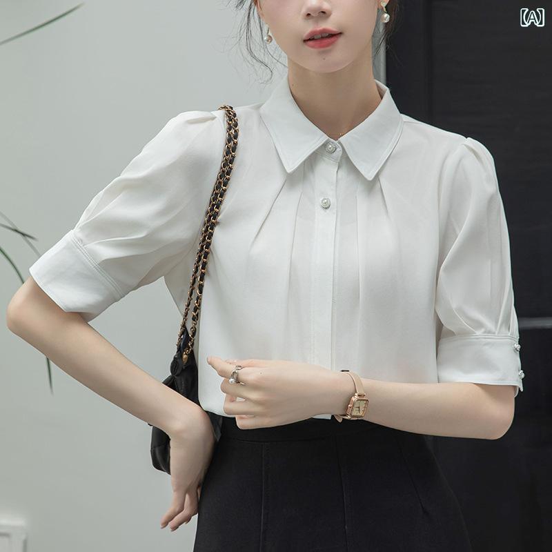 シャツ レディース パフスリーブ 青 ブラウス 半袖 通勤 事務服 面接 きれいめ オフィス カジュアル 春夏 襟付き トップス 無地 仕事用 shadowtail-11234377 シャドーテール サンプル画像2