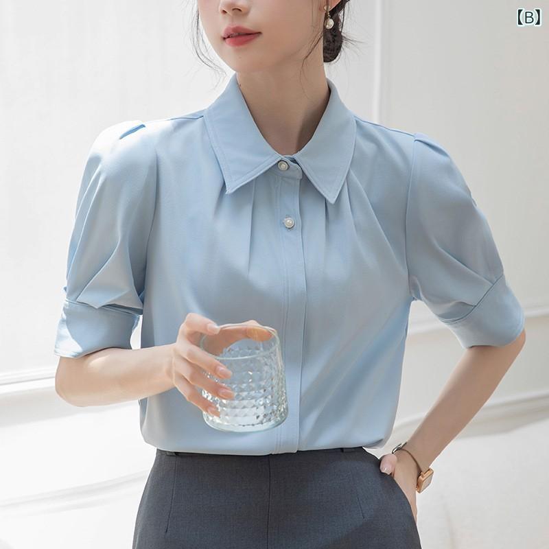 シャツ レディース パフスリーブ 青 ブラウス 半袖 通勤 事務服 面接 きれいめ オフィス カジュアル 春夏 襟付き トップス 無地 仕事用 shadowtail-11234377 シャドーテール サンプル画像3