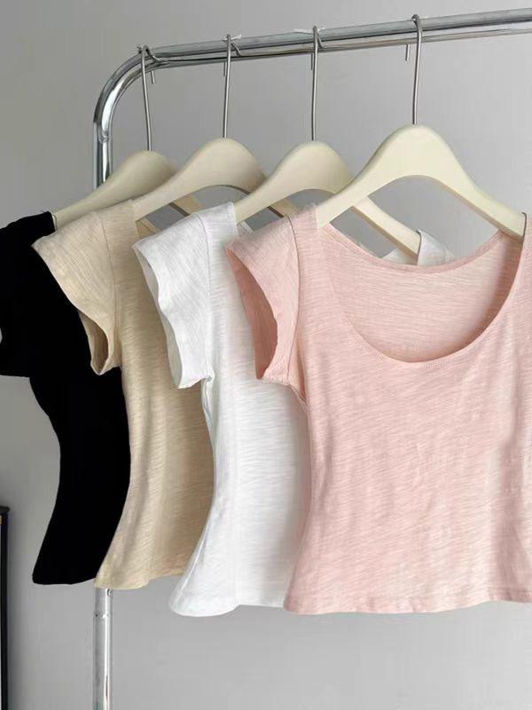 Tシャツ レディース 半袖 トップス カットソー Uネック スリム フィット クロップド丈 ショート丈 ショートトップス 肌見せ ドーパミンコーデ ピンク 春夏 かわいい きれいめ カジュアル 着痩せ スタイルアップ 無地 シンプル おしゃれ 通勤 通学
