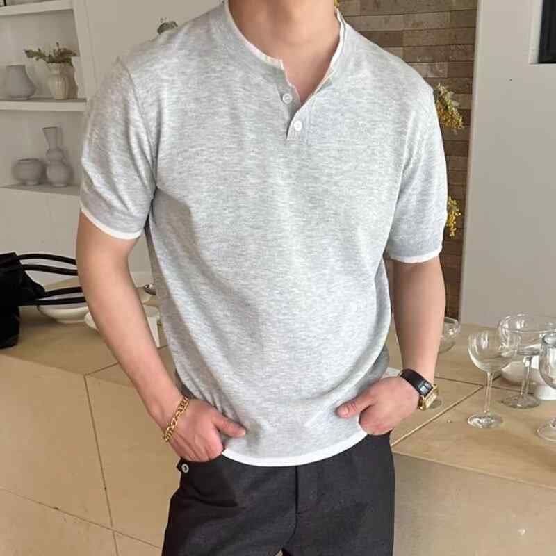 Tシャツ メンズ 半袖 ヘンリーネック 接触冷感 ニット 切り替え フェイクレイヤード 英国風 ビジネス トップス オールシーズン ストレッチ 快適 カジュアル クールビズ 通学 通勤