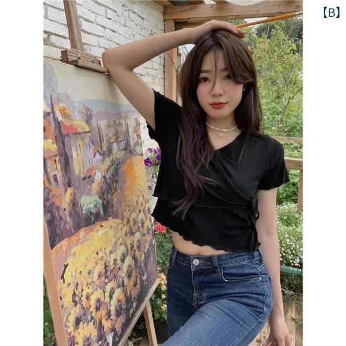 Tシャツ レディース Vネック ショート丈 へそ出し 半袖 ニットソー リブ編み 紐付き タイト スリムフィット カジュアル かわいい 夏物 shadowtail-11242257 シャドーテール サンプル画像3