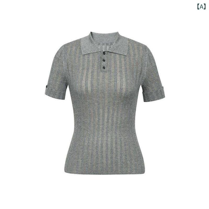 ニットTシャツ レディース 半袖 POLO襟 カジュアル 薄手 夏物 無地 トップス 普段着 着回し shadowtail-11244603 シャドーテール サンプル画像2