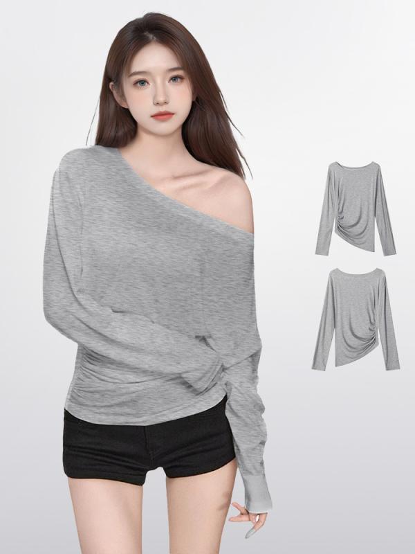 白 薄手の 天 糸 斜め 肩 露 肩 長袖 Tシャツ UV カット ブラウス 女性 夏 2025 年 外 着 薄手 トップス生地名: ライクラ主な生地構成: テンセル（リヨセル繊維）主な生地構成 2: スパンデックスパターン: その他スタイル: プルオーバースタイル,通勤スタイル袖丈: 長袖職人技: ドレープ商品番号: ペイチュアン-KX15343ブランド: その他バージョン: レギュラータイプ服の長さ: 通常スタイル（50cm&amp;lt;長さ≦65cm）襟のタイプ: 一言首輪スリーブタイプ: レギュラースタイル人気要素: アシンメトリー発売年・発売時期: 2025年夏色: グレー,白サイズ: S,M,Lスタイルタイプ: 上品通勤スタイル主な生地成分の含有量: 80% (含む) ～ 90% (含まない)スタイルタイプ: 快適でカジュアル製品カテゴリー: Tシャツ主な生地成分2の含有量: 30%未満