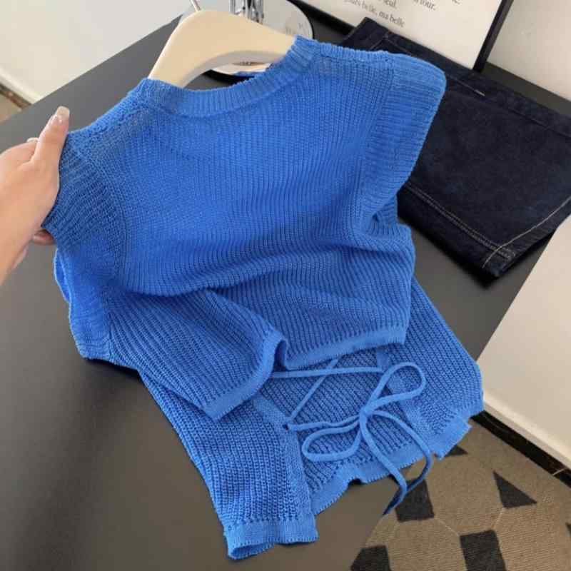 Tシャツ ニットソー レディース 半袖 接触冷感 サマーニット トップス カットソー フレンチスリーブ レースアップ リボン レース 穴あき 透け感 シースルー 伸縮性 ストレッチ 薄手 無地 スッキリ カジュアル フェミニン 春夏生地名称: ビスコースレーヨン柄: 無地スタイル: プルオーバー袖丈: 半袖加工技術: 高温セット（熱処理形状記憶）商品番号: LF107-001ブランド: その他シルエット: ルーズフィット着丈: レギュラー丈(50cm<着丈≤65cm)襟型: クルーネック袖型: レギュラースリーブ人気要素: リブ発売年/シーズン: 2025年夏季カラー: クラインブルー、ホワイト、チンラン（青緑）、ヘザーグレー、イエロー、ブラックサイズ: フリーサイズ（推奨体重40-60kg）スタイルタイプ: フレッシュ＆スイート前立て: リボン留め（紐結び）テイスト: ナチュラル・フレッシュ系セット内容: 単品海外向けスタイルタイプ: スイート＆フレッシュ海外輸出対応: あり製品カテゴリ: Tシャツ主な輸出先地域1: 東南アジア主な輸出先地域2: その他