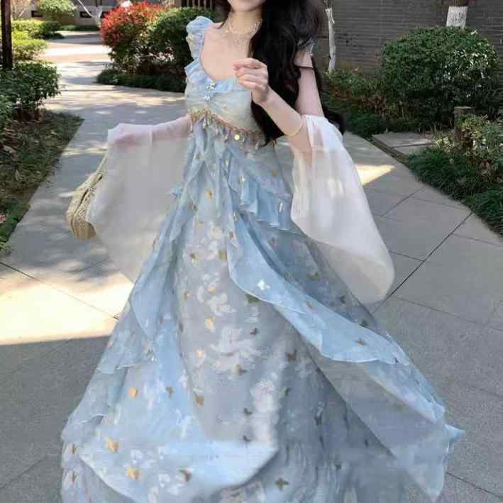 ワンピース レディース キャミソール 不規則 フリル 妖精風 高級感 マキシ丈 ロング丈 Aライン フレア 上品 きれいめ 海辺 リゾート デート オールシーズン