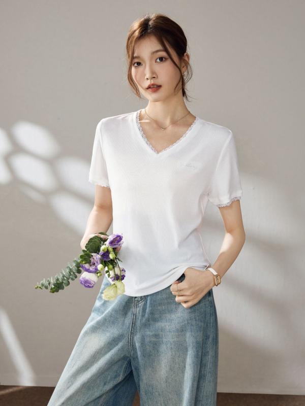 Tシャツ レディース カットソー 半袖 トップス テンセル レース 花柄 Vネック プルオーバー チュニック トップス 半袖シャツ 服 レディース 無地 薄手 涼しい さらさら 快適 伸縮性 吸汗 通気性 ゆったり 体型カバー 着痩せ ルーズ カジュアル 普段使 shadowtail-11261761 シャドーテール パッケージ画像