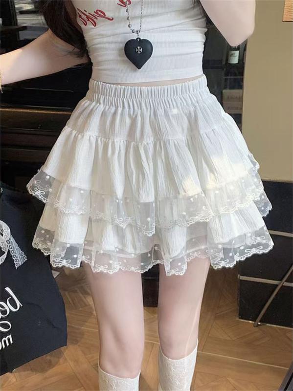 スカート レディース 半身裙 ミニスカート ティアードスカート フリル レース Aライン ハイウエスト ギャザー ボトムス 婦人服 ショート丈 膝上 かわいい 甜辣 辣妹 純欲 蓬蓬 春夏・柄: 無地・加工: 切り替え・素材: ポリエステル・スカートのデザイン: ティアードスカート・スカート丈: ミニスカート・人気の要素: 無地、切り替え、シャーリングウエスト・カラー展開: ブラック、アプリコット、ホワイト・サイズ展開: S、M、L、XL・スタイル: セクシー・フェミニン・カテゴリー: ハーフスカート・着用シーン: カジュアル、日常、通勤・適した体型: アップル型、ストレート型、ウェーブ（梨）型、逆三角形型、長方形型、砂時計型・伸縮性: 若干あり・ターゲット層: ティーンエイジャー、学生、若者、ガールズ