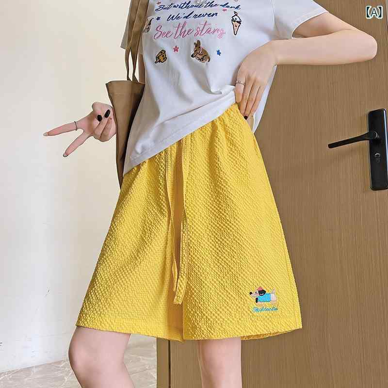 ショートパンツ ハーフパンツ レディース ボトムス 刺しゅう 犬モチーフ シアサッカー 速乾 超薄手 高腰 美脚 カジュアル 通勤 通学 お出かけ 旅行 夏 グリーン 蛍光緑 ブラック 大きいサイズ 小さいサイズ 5分丈 膝丈 スパンデックス 伸縮性 普