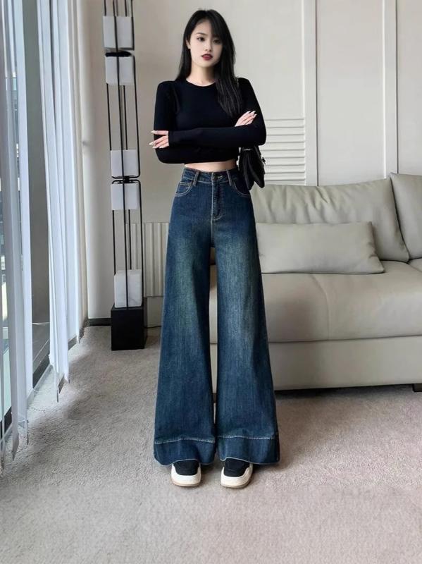 Pantalones de denim Dama Pequeño Tamaño Alto Oeste Frases Belbottom Largo Pantalones de algodón de 9 minutos Pantalones de pantalones de algodón Vaso de botones Fabricación Retro Casual Limpieza Oficina Escuela Trabajo Primavera Verano Azul