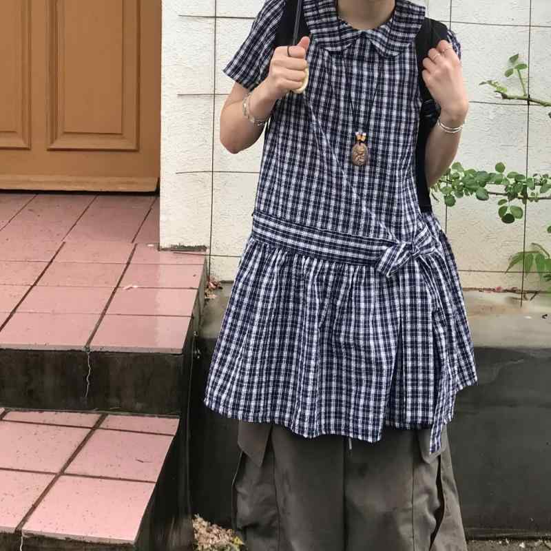 ・カテゴリ: 连衣裙・柄: 格子、純色・仕様: 蝶結び、リボン、ストラップ・スタイル: ストラップ・セット内容: 1点・スカート丈: ミニ丈・ネックライン: 丸襟・袖丈: 半袖・カラー展開: ネイビー、ホワイト・サイズ展開: フリーサイズ・テイスト: カジュアル、韓国風、快適