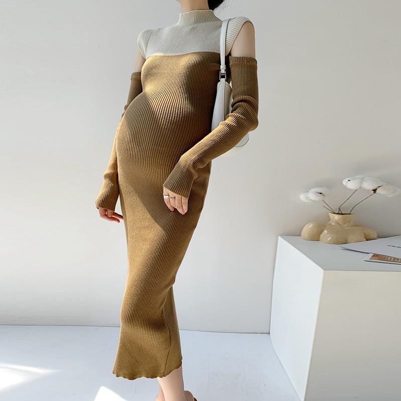 マタニティワンピース 妊婦服 レディース 長袖 ハイネック ニット ワンピース マーメイド ロング丈 春 秋 冬 普段使い お出かけ 旅行 黒 黄 灰 伸縮性 着痩せ ゆったり カジュアル おしゃれ かわいい