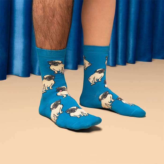 ククシュゼット 正規商品 靴下 レディース おしゃれ かわいい 犬 フランス クルー丈 Coucou Suzette パグ ソックス Pug Socks ブルー Blue