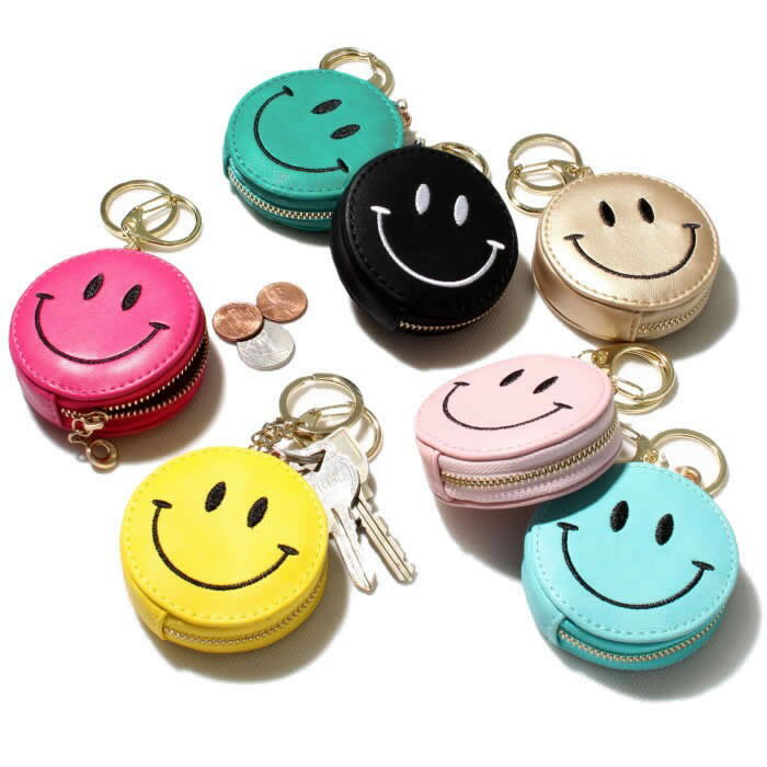 Happy Smile Pouch Holder ハッピー スマイル ポーチ キーホルダー コインケース (7色展開) ニコちゃん 雑貨 小物入れ キーリング にこちゃん smile コインケース 小銭入れ スマイリー 刺繍 キーケース キーチャーム レディース メンズ ペア アクセケース