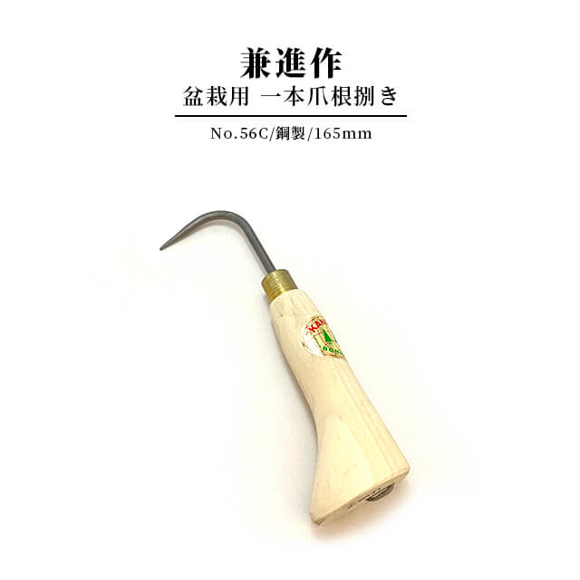 ■SPEC サイズ： 全長:16.5cm ※ハンドメイドのため、サイズには多少の誤差が生じます 素材： 鋼製 丈夫な鋼製1本爪根捌きです。 根掻きとも呼ばれ、植替え時などに根についた土をはらい、絡まった根をほぐす道具です。 爪部分は一般的な鉄製ではなく丈夫な鋼製で摩耗に強く、さらに柄の底部にしっかり固定されているので大変丈夫で長くご愛用いただけます。 ＜爪の本数について＞ 丁寧に根をほぐされたり根が密に張り固まった状態のものに使用する際は1本爪 スピードを重視される方、根があまり密に張っていないものに使用する際は3本爪 というように使い分けをおすすめいたします。 【兼進作とは】 刃物の町・岐阜県関市にある盆栽道具メーカー[兼進] 1919年創業、1950年頃より盆栽道具に特化 日本製の品質の良い刃物に強くこだわり続けています。 国内の植物愛好家はもちろんのこと、北米・ヨーロッパを中心に 世界各国にも多くの根強いファンを持つ、信頼できるブランドです。 ＜おすすめのオプションアイテム＞ 兼進【根捌き 3本爪】鋼製 当商品の3本爪バリエーション商品 クリーンメイト 刃物のサビ・汚れを消しゴムで消すように落とせる 兼進のヒットアイテム！ 刃物用・椿油 刃物を使用した後のサビ防止ケアに！ 【注意事項】 ※ご注文前にご確認ください※ モニタ環境により、実物と表現の色味や見栄えが異なる場合があります。 ご注文間違いにご注意ください。交換に伴う諸費用・送料はお客様ご負担となります。