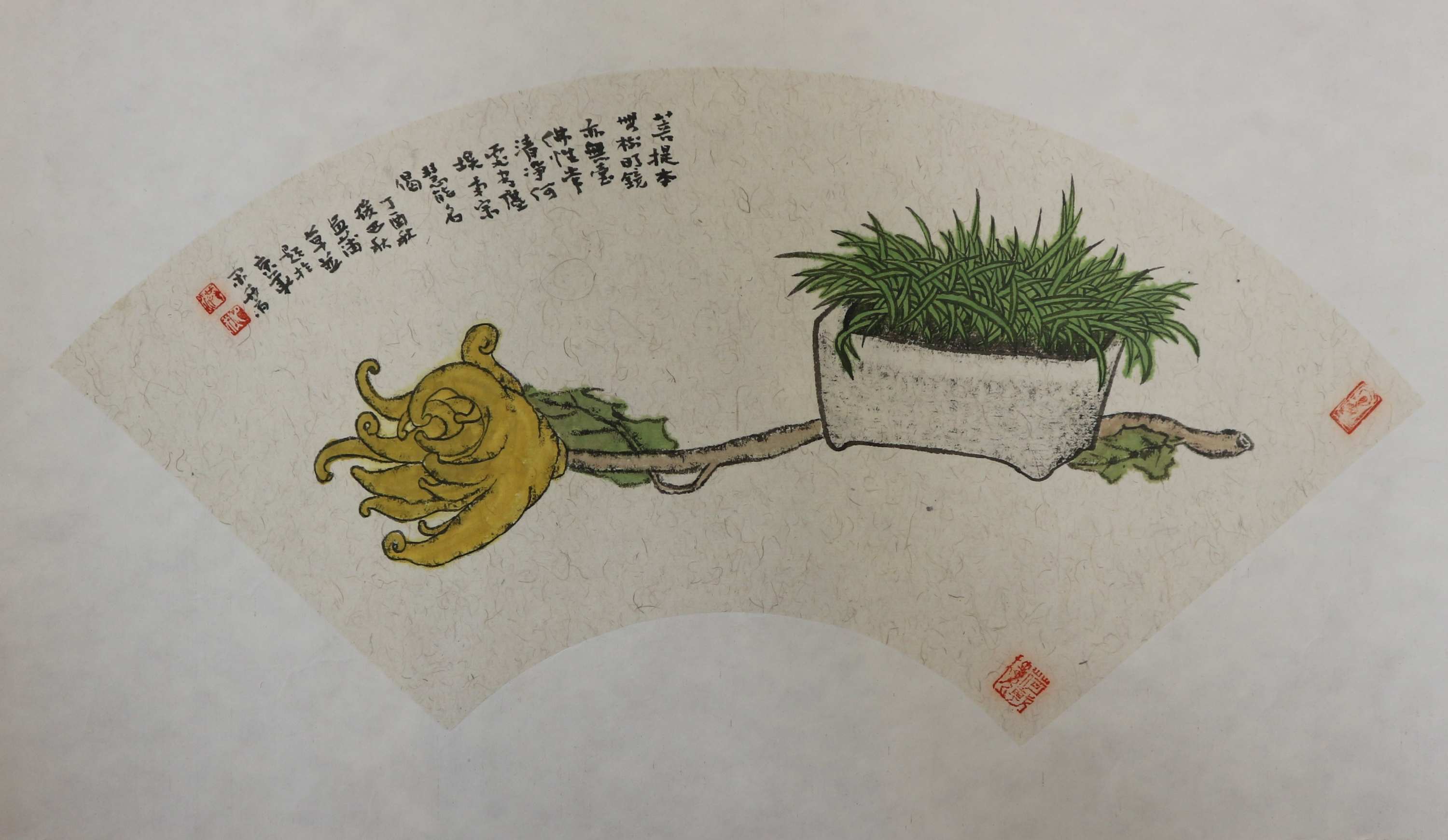 巴秋作品（縦30cm横49cm)裏打ち済 2023年日中交流絵画展　一花一世界出展作品巴秋氏は中国画壇の重鎮、郷愁を誘う江南風景　農家生活を題材する作品が多い。 六祖慧能詩句「菩提本無樹、明鏡亦非台。本来無一物、何処惹塵埃」。