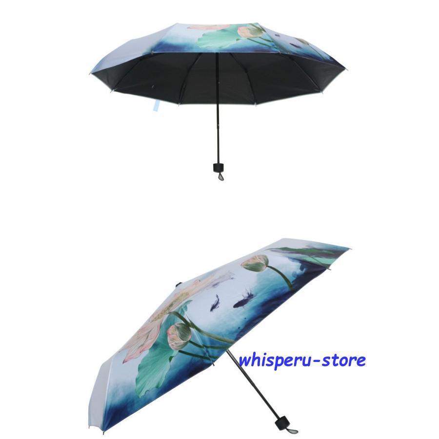 Travel companionの傘 レディース 晴雨兼用傘 雨具 おもしろグッズ シミ シワ紫外線対策 UVカット 蓮の花柄 折りたたみ 日傘 夏用 遮光遮熱 ブラックコーティング 8本骨｜アングル2