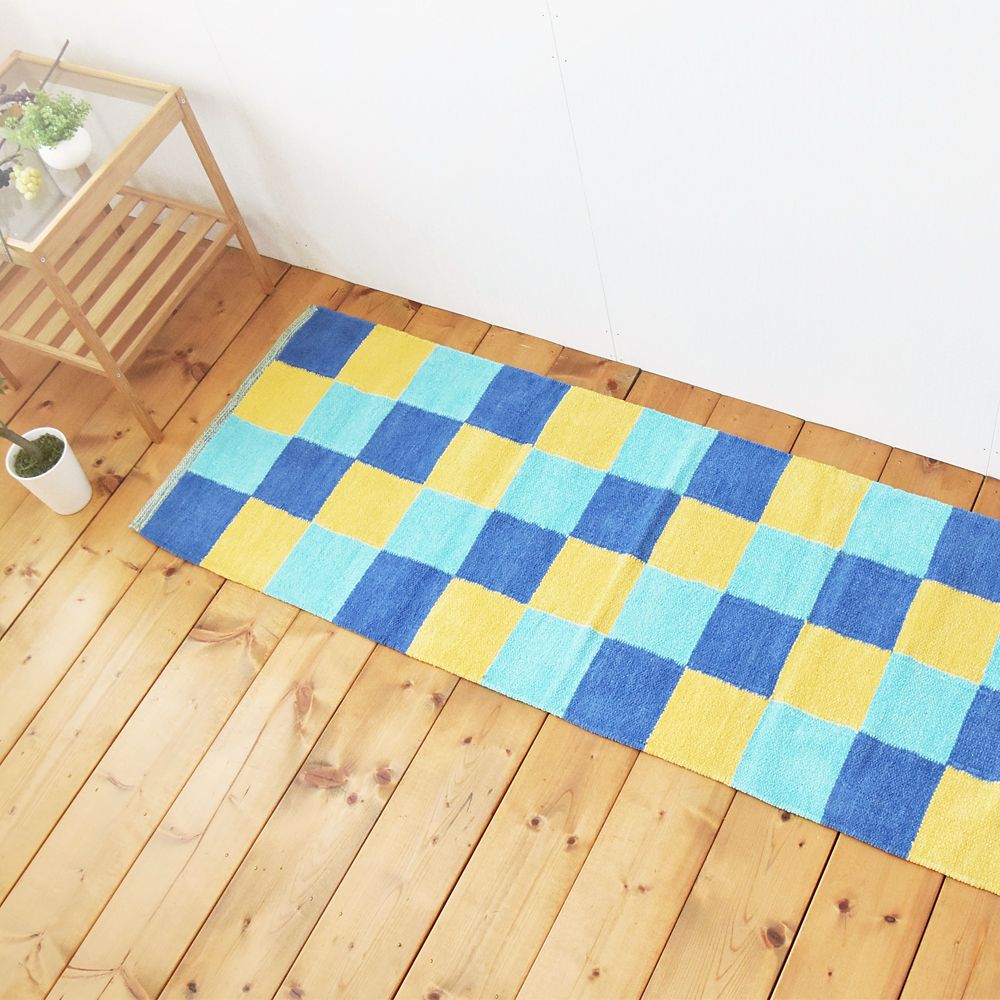 北欧 ラグ ラグマット キッチンマット 50×150cm BLUEPOP BLOCK もこもこ チェック柄 玄関マット シェニール コットン100% おしゃれ キャンプ 子供部屋 カラフル 可愛い フロアマット 夏ラグ 夏用 青 ブルー 黄色 イエロー 雑貨 洗える インド綿