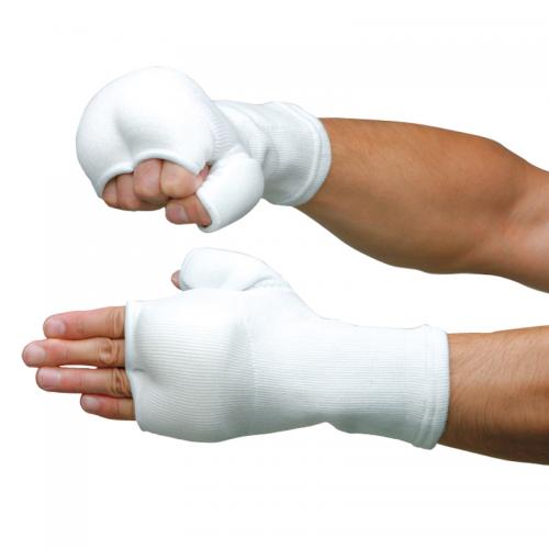 拳サポーターの定番仕様。安心の親指ガード付で拳全体を保護し、安全背に特化した設計です。　 サイズ：S（ジュニア用フリー）・L（一般用フリー）、カラー：白、黒、素材：特殊合成繊維　