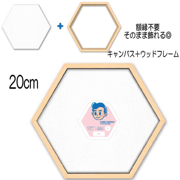 ウッドフレーム付キャンバスで額縁いらず★そのまま壁面に飾れる金具パーツ付。 六角形 20cm 厚さ1.8cm 【こちらは予約商品です】 ※ご注文日より約2週間前後でのお届けとなります。 ※お届け配送日ご指定不可製品。 ※工場の在庫都合により、在庫切れが生じる場合もございます。その際は早急にご連絡させて頂きます。