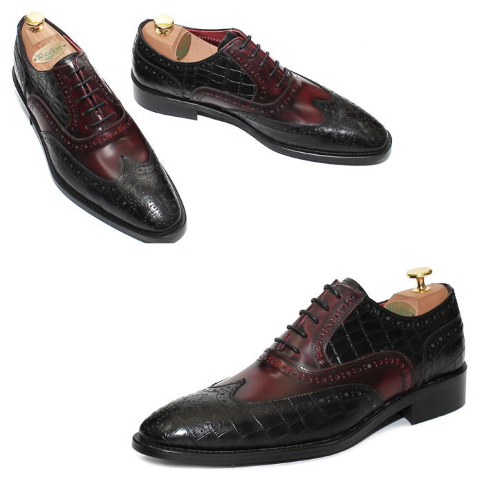クロコ型押し レザーシューズ 異素材切り替えウィングチップシューズ メンズ レザーメンズシューズ ハンドメイド レザー 本革 靴