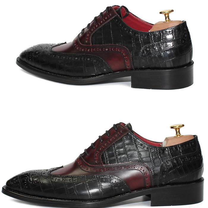 クロコ型押し レザーシューズ 異素材切り替えウィングチップシューズ メンズ レザーメンズシューズ ハンドメイド レザー 本革 靴
