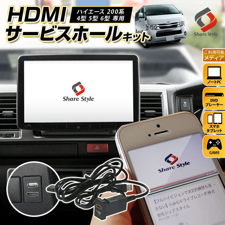  ハイエース 200系 4型 5型 6型 専用 HDMIサービスホールキット スイッチホール USB端子 TOYOTA Aタイプ HDMI 増設 USBポート HDMIポート ミラーリング カーナビ 