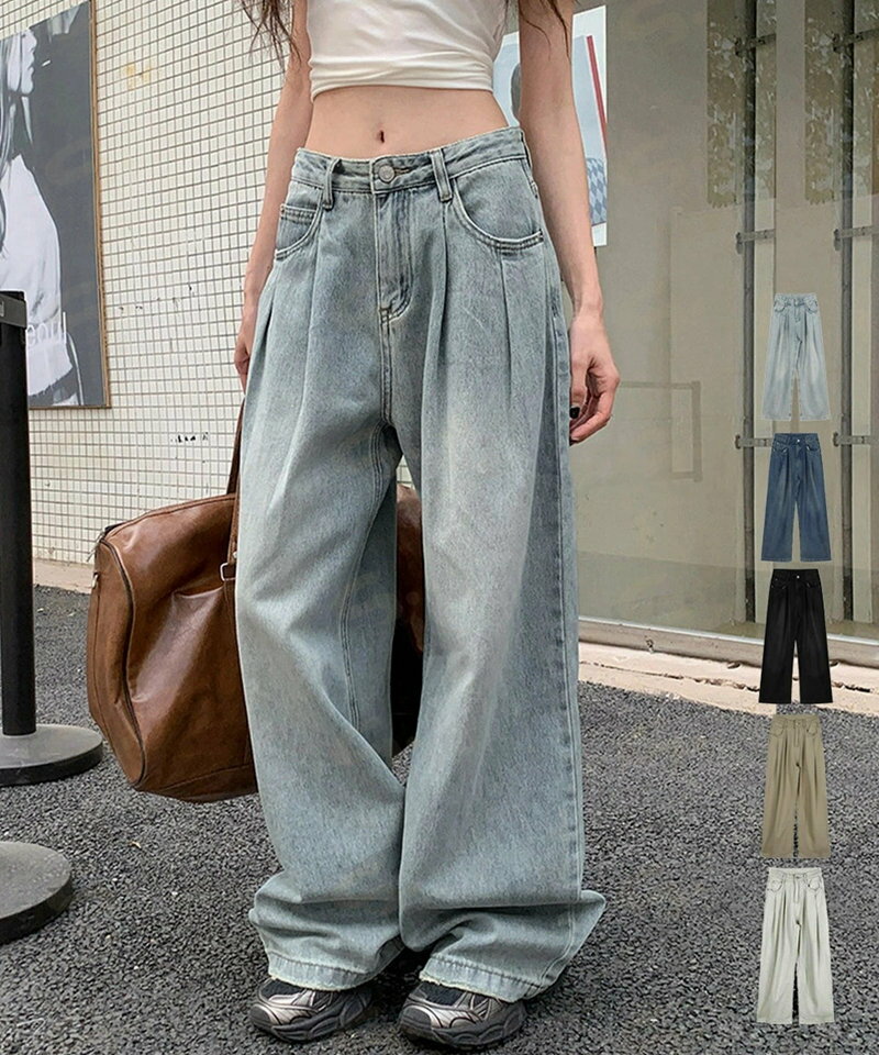 樂天商城 - タックワイドデニムパンツレディース韓国風 ジーパン 着やせ スーパーワイドレッグ ロングパンツ 美脚脚長ワイドパンツ ゆったりジーンズおしゃれ 20代30代40代87BJH-001