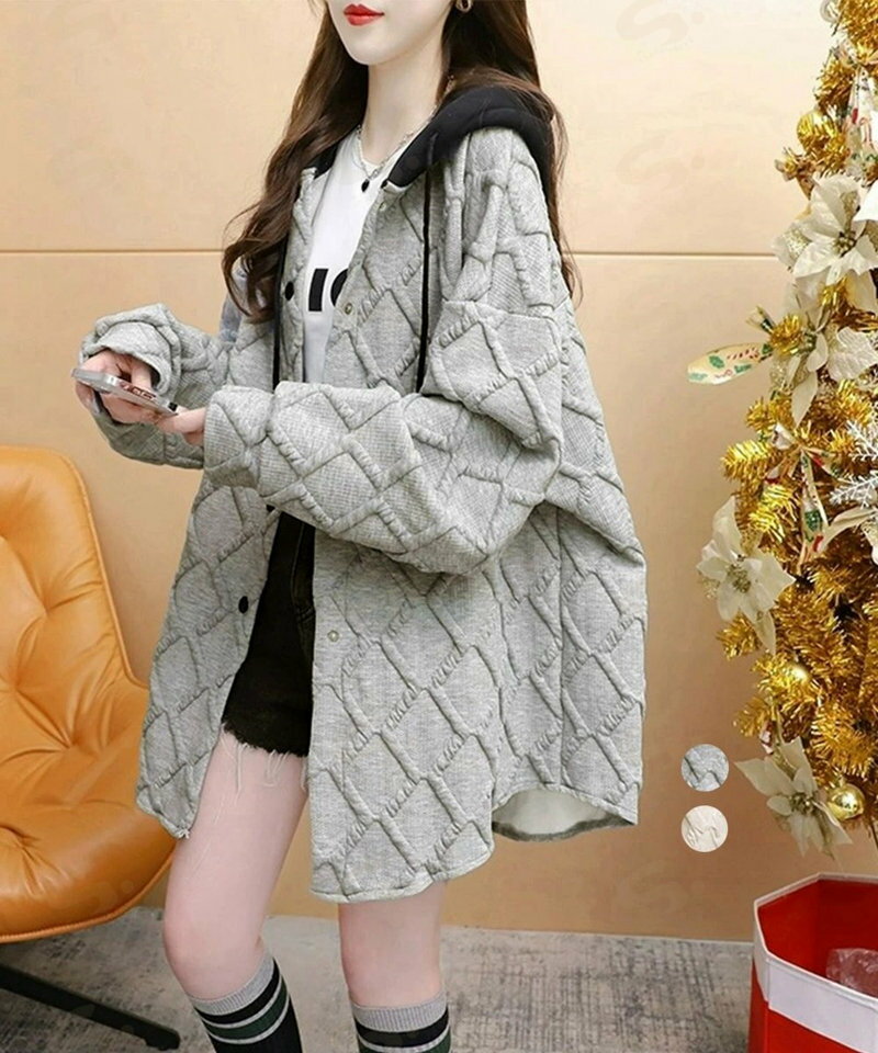 Rakuten - キルティングパーカー レディース 韓国風 フード付きトレーナー長袖 ゆったり春秋服 体型カバー羽織り ジャカードジャケット ロング スウェットカーディガン お洒落2YIGULI-031