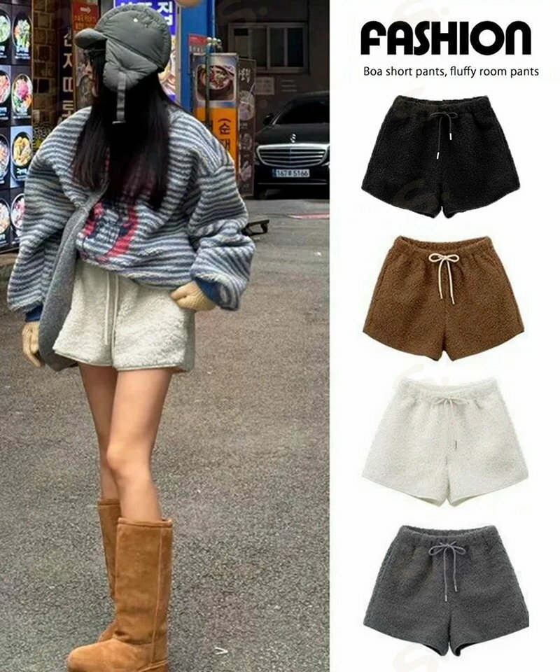 ボアショートパンツ もこもこルームパンツ レディース 暖かい短パン ポケット付き 秋冬起毛ショーパン ウエストゴム部屋着 シープボア調 ルームパンツ ハイウエスト80JIALIANG-001