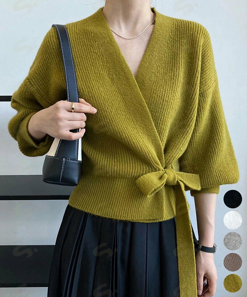 Rakuten - ニットトップス カシュクールニット 韓国 vネックニットセーター おしゃれ レディース きれいめ ドロップショルダーニット ウエストマークトップス エレガント秋冬87MRJ-011